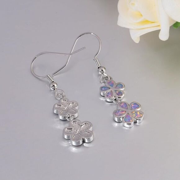 18K White Gold with Genuine Purple Fire Opal Double Flower Drop Hook Earrings - Picture 4 of 5